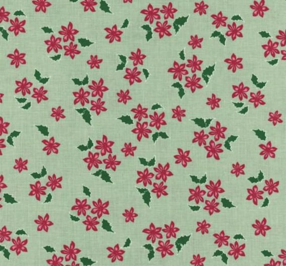 FABRIC Mistltoe and Holly CHRISTMAS Mini Poinsettias on Sage Green