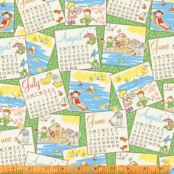 FABRIC 1 Yard STORYBOOK VACATION Summer Months Calendar June July August
