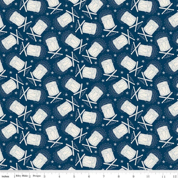 FABRIC Colonial DRUMS 1776 INDEPENDENCE on Blue