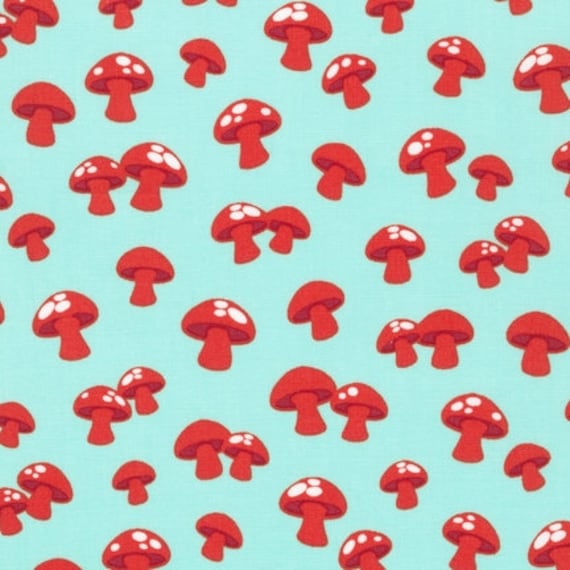 CLEARANCE FABRIC Gnome Living MUSHROOMS on aqua