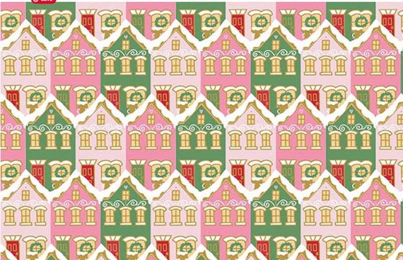 FABRIC CHRISTMAS Claus & Co. Snow covered houses Metallic pink and green