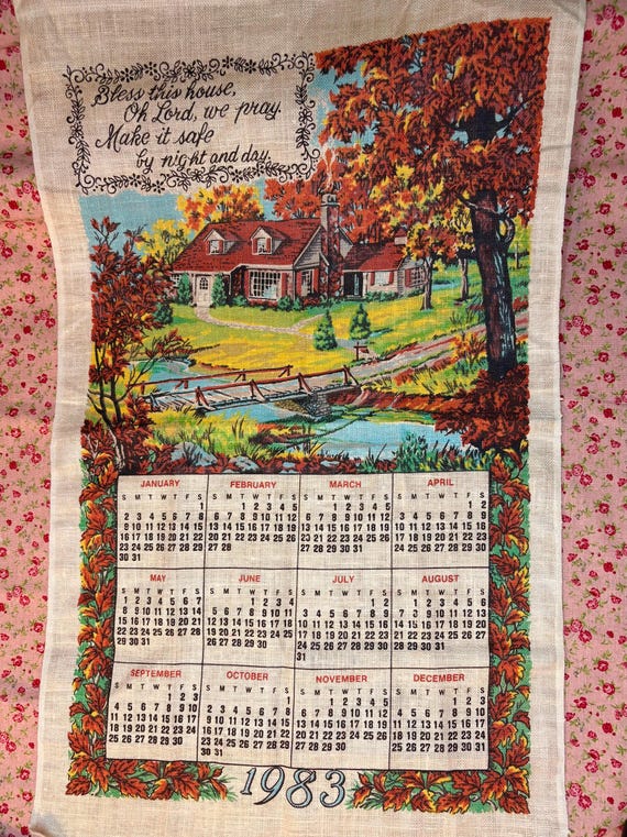 VINTAGE CALENDAR TOWEL 1983 Fall Autumn Scene Linen Kitchen