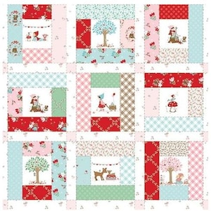 May include: A patchwork quilt featuring nine square blocks separated by white sashing. Each block displays a central illustration of a character, tree, or animal surrounded by borders of red, pink, light blue, and green fabric with floral and plaid patterns.