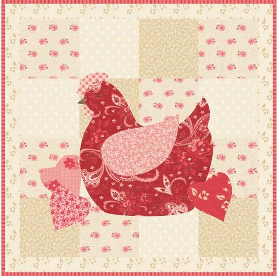 PATTERN Miss SWEET PEA Hen and Hearts Applique Mini Quilt or Pillow