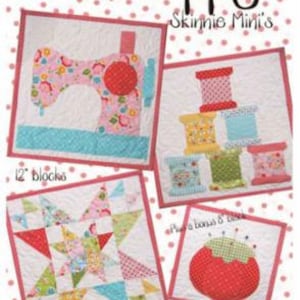 May include: A quilt pattern titled "Sew Happy!" featuring four mini quilt block designs. The blocks include a sewing machine, spools of thread, a star pattern, and a tomato pin cushion. The blocks are 12" square and made by Ribbon Candy Quilt Company.