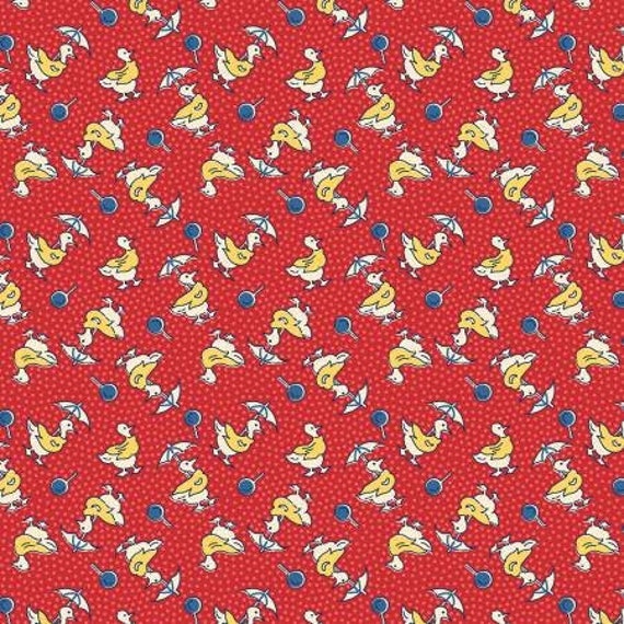 FABRIC FEEDSACK style 1930's Summer Days DUCKS with Umbrellas on red reproduction