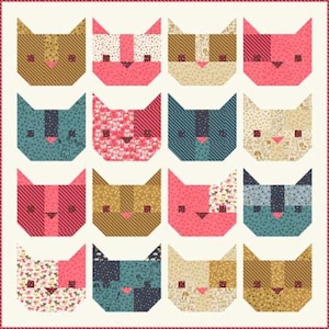 May include: A patchwork quilt featuring sixteen stylized cat faces in various colors and patterns. The cats have triangular ears, pink noses, and are set against a cream background with a red border. The quilt showcases a variety of fabrics.