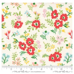 May include: Cream-colored fabric with a floral pattern. The design features clusters of red, pink, yellow, and blue flowers with green leaves. The fabric has a ruler along the bottom edge and the word "moda" printed on it.