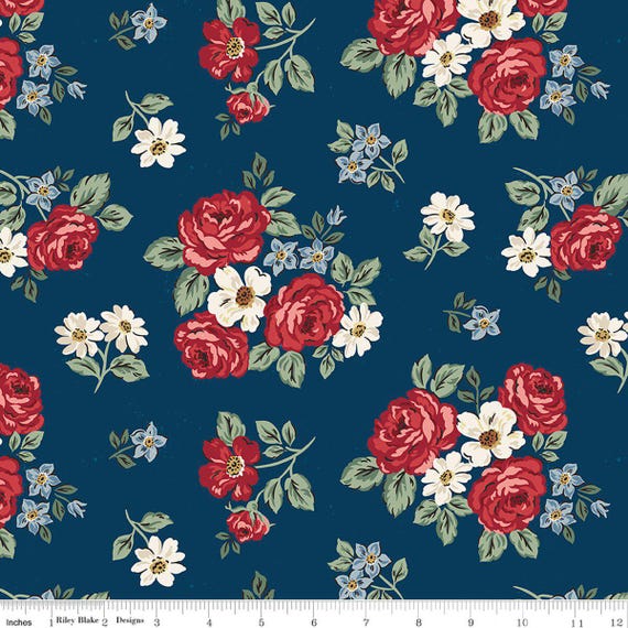 FABRIC PATRIOTIC Floral INDEPENDENCE on Dark Blue Background