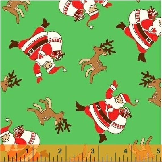 Clearance FABRIC STORYBOOK CHRISTMAS Santa and his Reindeer on Green   We combine shipping