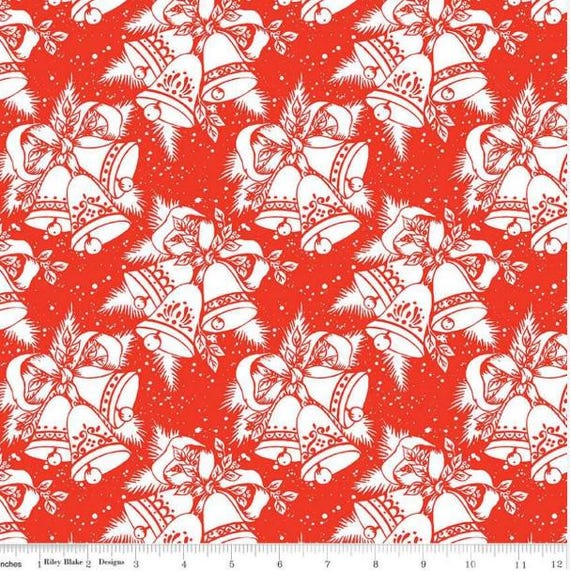 FABRIC Vintage Style Merry Little CHRISTMAS Jingle BELLS on Red by Riley Blake