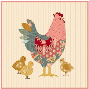 May include: A patchwork rooster with two chicks on a cream background with vertical stripes. The rooster is made of various patterned fabrics in shades of blue, red, pink, and gold. The chicks are yellow and gold. The image has a pink border.