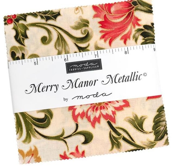 FABRIC CHARM PACK Christmas Merry Manor Metallic 5" Squares by Moda