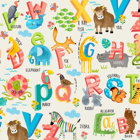 FABRIC Retro Vintage Style ALPHABET ANIMALS