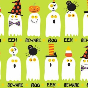 May include: A repeating pattern of white ghosts with various Halloween-themed hats and accessories, including pumpkins, spiders, and witch hats, set against a light green background. The words "BOO", "EEK", and "BEWARE" are interspersed.
