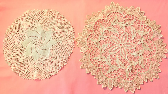 VINTAGE Set of Two Ecru Round Doilies Battenburg Lace