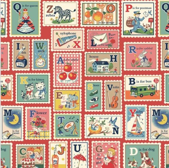 FABRIC Japanese ALPHABET BLOCKS Vintage Style Hello Again 2
