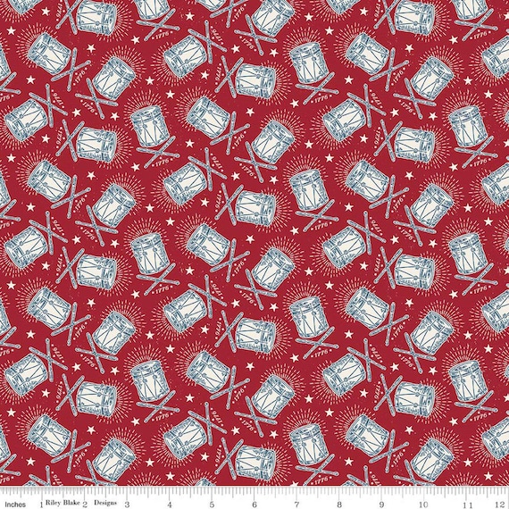 FABRIC Colonial DRUMS 1776 INDEPENDENCE on Red
