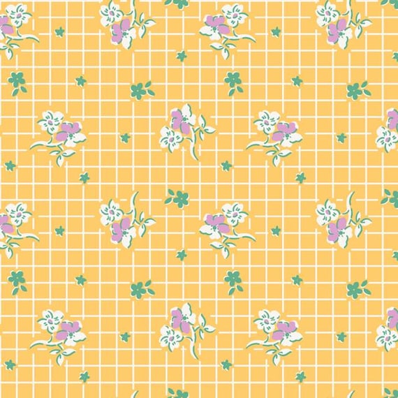 FABRIC VINTAGE Style 1930s Yellow Floral Check Dilly Dally