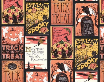 FABRIC HALLOWEEN Fright Delight Vintage Style Cards on Orange    by Riley Blake  1 Yard