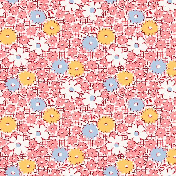 FABRIC VINTAGE Style 1930s Red and Blue Floral Dilly Dally