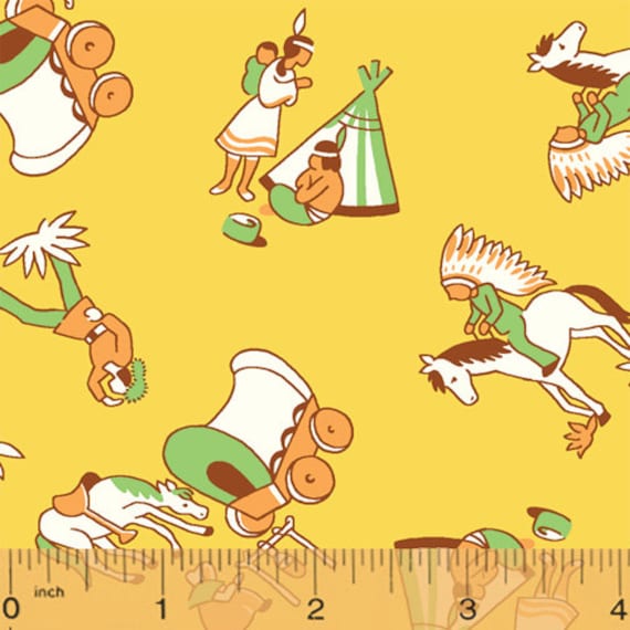 Clearance FABRIC Storybook RANCH Kids Way out WEST Cowboys Indians and Pioneers on yellow