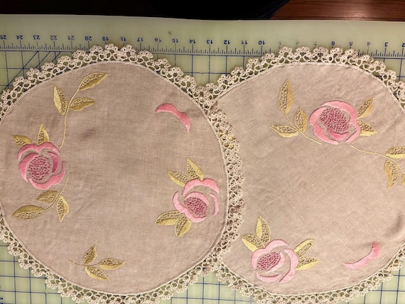 VINTAGE LINEN Set of 2 Large Round ROSE Doilies with Tatting