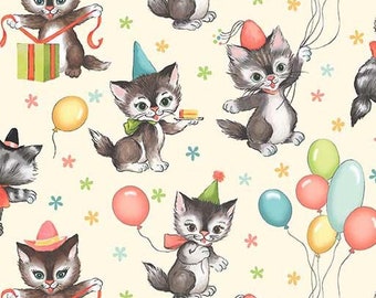 FABRIC HAPPY BIRTHDAY Kitten Cat Retro  by Michael Miller 1 Yard