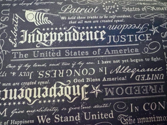 FABRIC DECLARATION of INDEPENDENCE tonal white words on blue