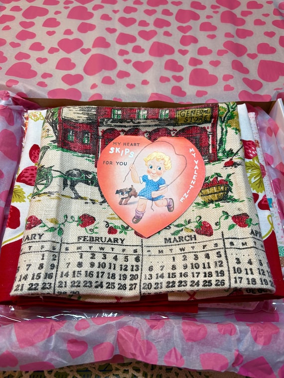BOX STRAWBERRIES Goody Box Vintage Calendar Towel, Project Bag, Strawberry Kitchen Toweling Fabric