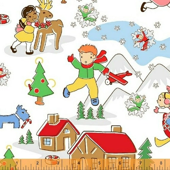 Clearance FABRIC Candy Cane Lane Main Print White Children at Christmas by Windham 1 Yard