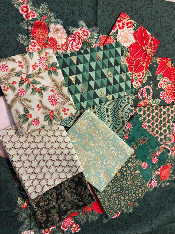 Fabric FAT QUARTER bundle AND Panel Holiday Flourish Peppermint Twist Christmas Green and Red with Metallic Gold