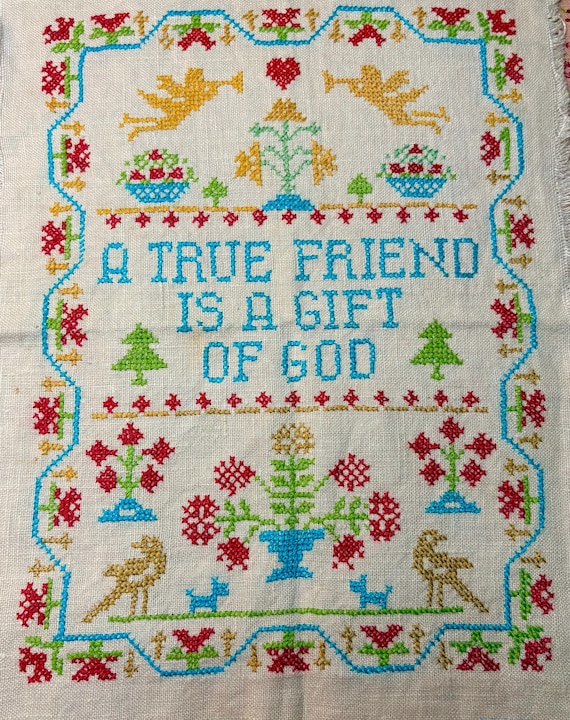 VINTAGE CROSSTITCH Completed SAMPLER on linen A True Friend