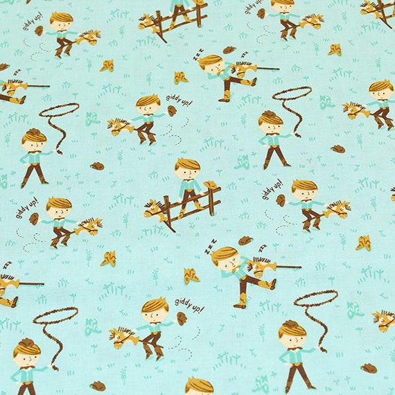 Clearance FABRIC HOWDY COWBOY Boys on Blue by Moda   We combine shipping