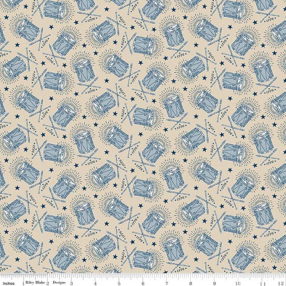 FABRIC Colonial DRUMS 1776 INDEPENDENCE on Beige