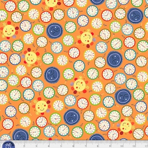 May include: An orange fabric featuring a repeating pattern of analog clocks, yellow suns with faces, and blue moons with faces. Each clock displays a specific time, with text labels like 2pm, 4pm, 6pm, 8pm, and 12pm printed next to them.