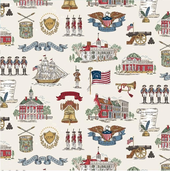 FABRIC FLAGS INDEPENDENCE Colonial Scenes Main print