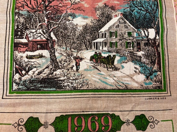 VINTAGE Currier and Ives 1969 Winter Linen Kitchen Calendar Towel