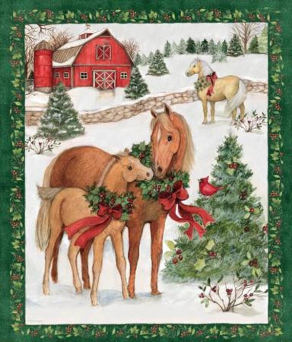 Clearance FABRIC CHRISTMAS on the FARM Horse Panel  We combine shipping