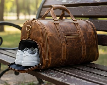 Borsa da viaggio vintage in pelle con scomparto per scarpe | Borsa da weekend | Borsa da palestra da cabina per brevi soggiorni