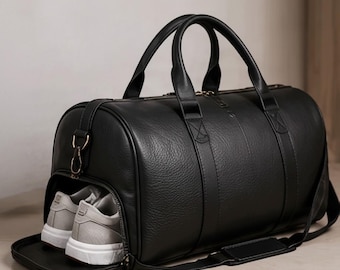 Handmade Black Original Leather Travel Duffle Bag with Shoe Compartment – Large Weekender Gym Bag