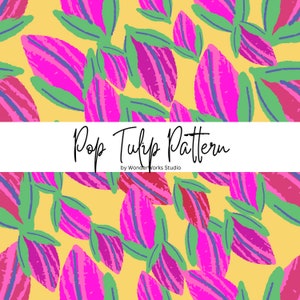 Könnte beinhalten: Ein nahtloses Muster mit stilisierten rosa und grünen Tulpen auf gelbem Hintergrund. Der Text "Pop Tulip Pattern by Wonder Works Studio" wird in der Mitte des Bildes angezeigt.