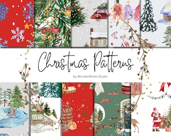Può includere: Un set di 10 motivi digitali natalizi con illustrazioni ad acquerello di scene invernali, tra cui pupazzi di neve, case, alberi e regali. I motivi sono perfetti per creare artigianato festivo, carta da regalo e altri progetti natalizi.