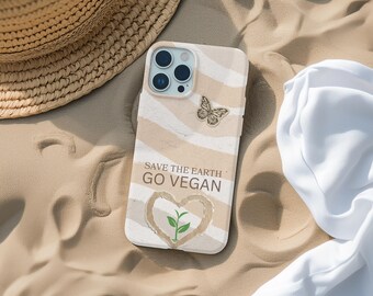 May include: A beige and white phone case with a butterfly and a green plant in a heart. The case has the text "Save the Earth Go Vegan" on it.