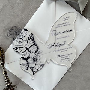 Convite acrílico escuro da quinceañera da borboleta da marinha, convite doce dezesseis, convite acrílico personalizado, convite da borboleta