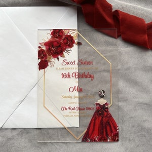 Acryluitnodiging Red Dress Sweet 16-uitnodiging, gouden rand quinceanera-uitnodiging, Sweet Sixteen-acrylkaart met envelop