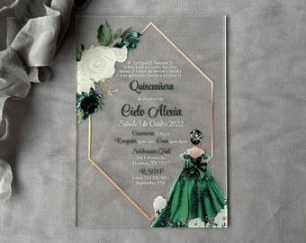 Smaragdgroene acryluitnodiging voor Sweet 16: Quinceanera-kaart met gouden rand
