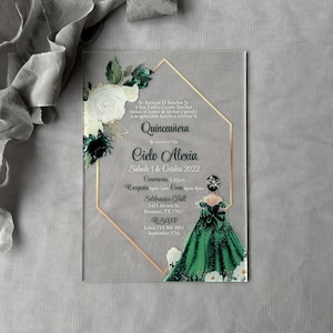 Acrylic invitation Emerald green Dress Sweet 16 Invitation, Gold Border Quinceanera Invitations, Sweet Sixteen Acrylic card