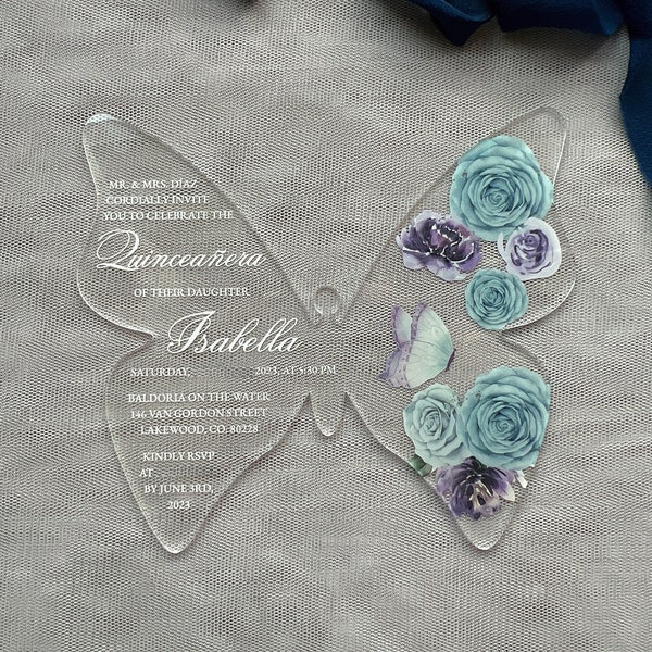 Acrylic Butterfly Invitation, Acrylic Violet Quinceañera Invitation, Baby blue Sweet 16, Clear Acrylic, Custom Invitations, Sweet Sixteen