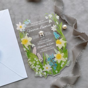 Convite de festa em acrílico para jardim de primavera, convite colorido para Quinceañera floral de primavera, convite Quinceañera Green Princess Mis Quince Años